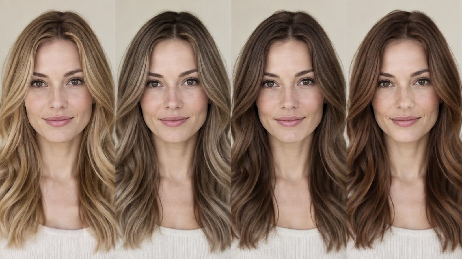 The same woman appears in six matching portraits with beige blonde, honey blonde, ash taupe, neutral chocolate, chestnut brown, and espresso hair