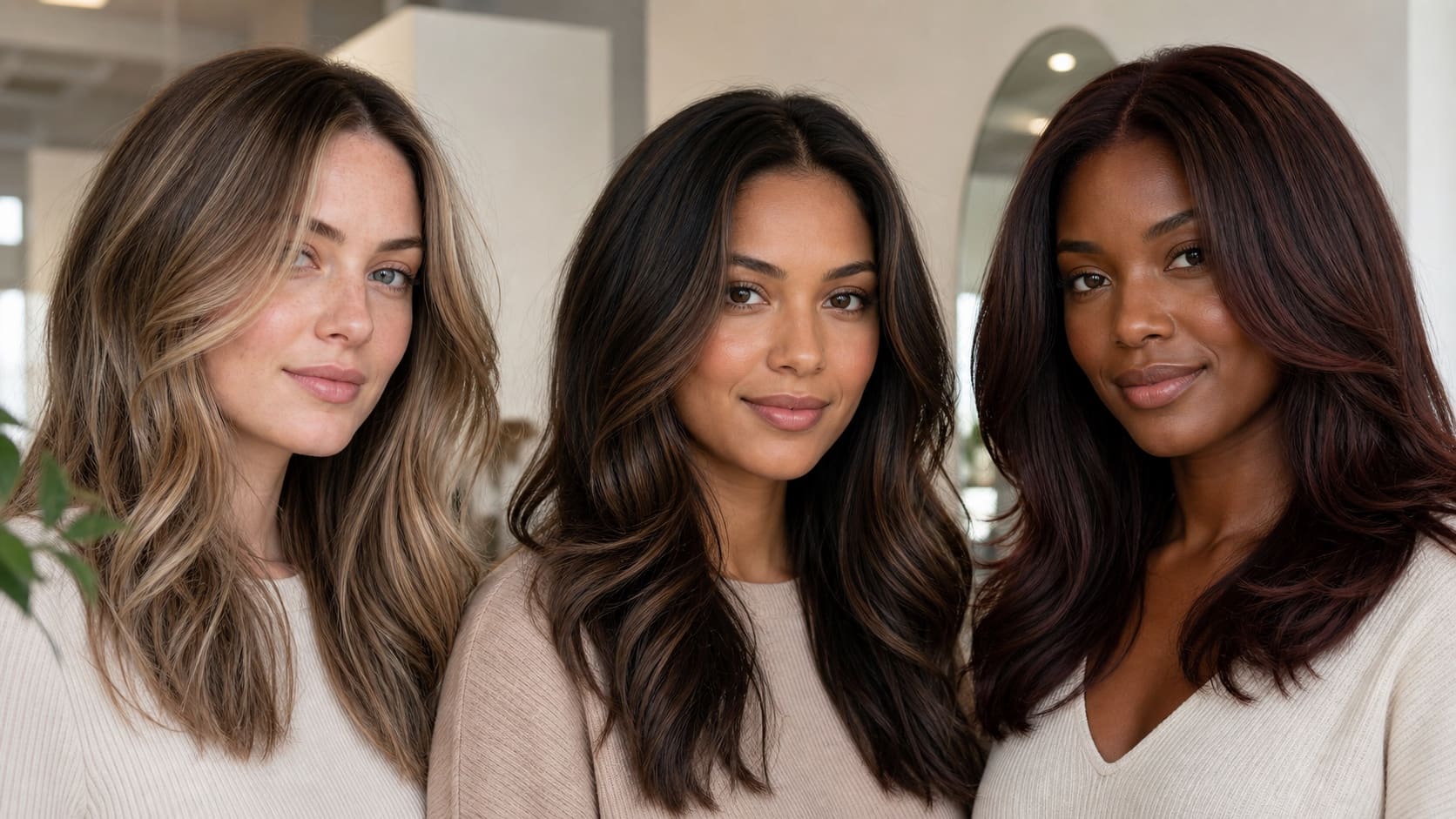 Three women with fair, medium, and deep neutral-looking skin wear beige blonde, dimensional bronde, and deep espresso hair