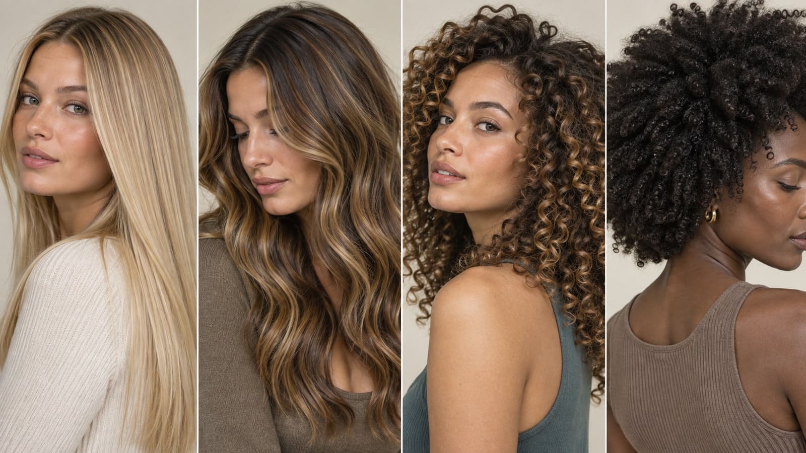 Four different women show straight beige blonde hair, wavy bronde, caramel-highlighted curls, and deep espresso coils