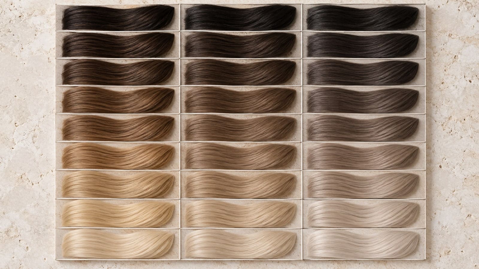 A three-column board of hair swatches moves from warm-neutral through balanced to cool-neutral across nine dark-to-light rows