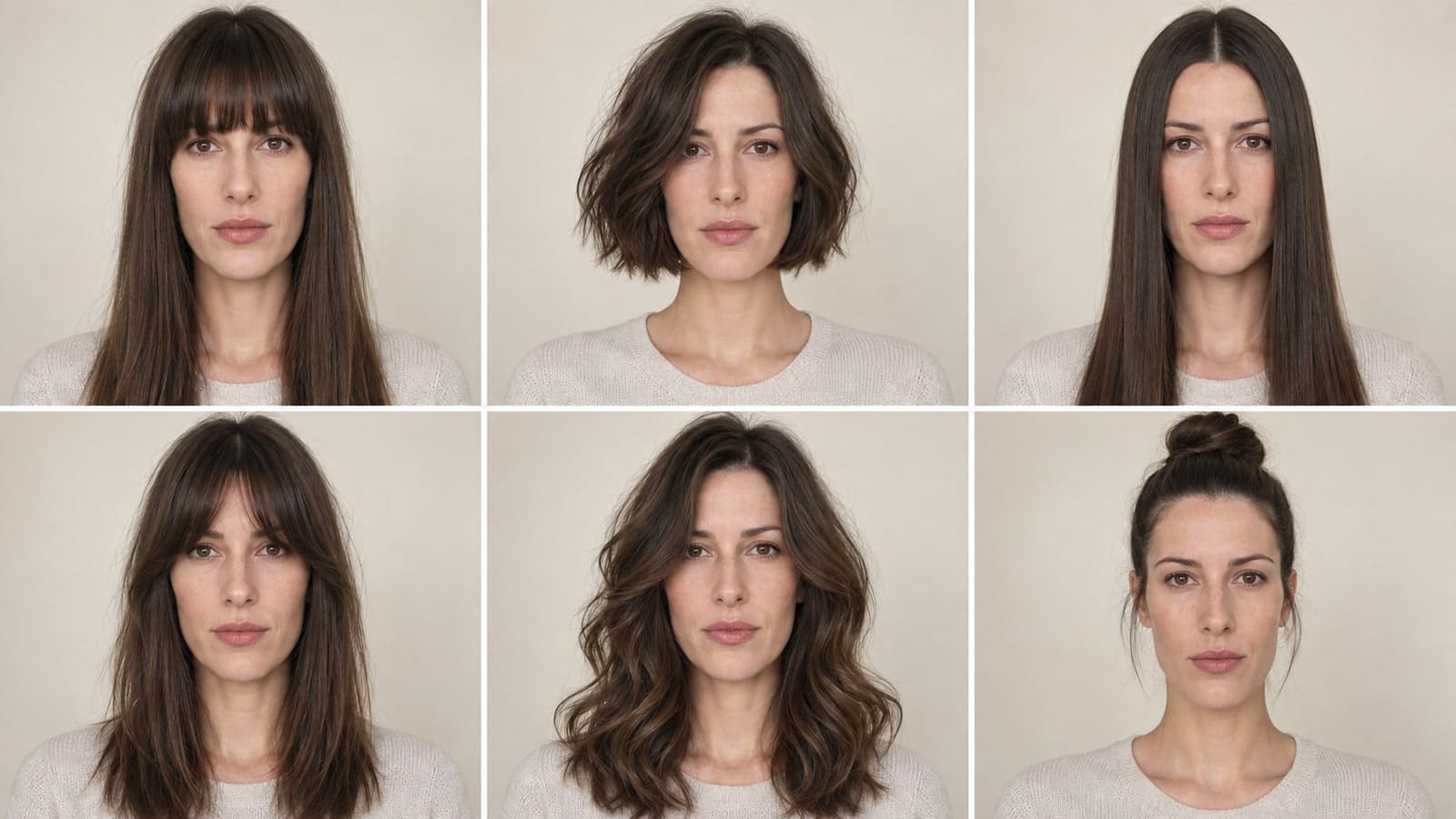 The same adult shown in six hairstyles: full brow bangs, a chin bob, sleek center-parted long hair, curtain bangs, layered waves, and a high bun.