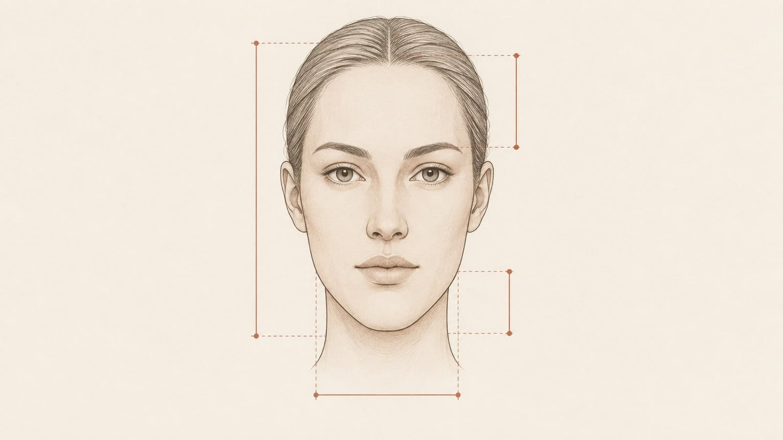 Illustrated long face outline with relatively straight cheeks and unlabeled guide lines for its vertical and horizontal dimensions.