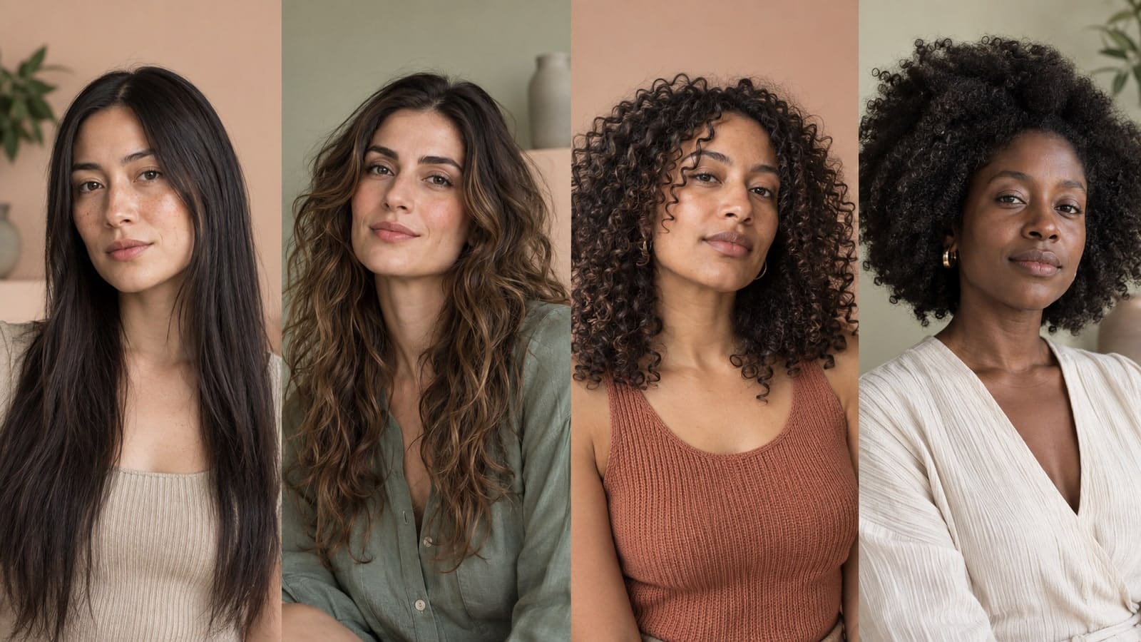 Four different adults with long facial outlines show fine straight hair, loose waves, dense curls, and rounded coils.
