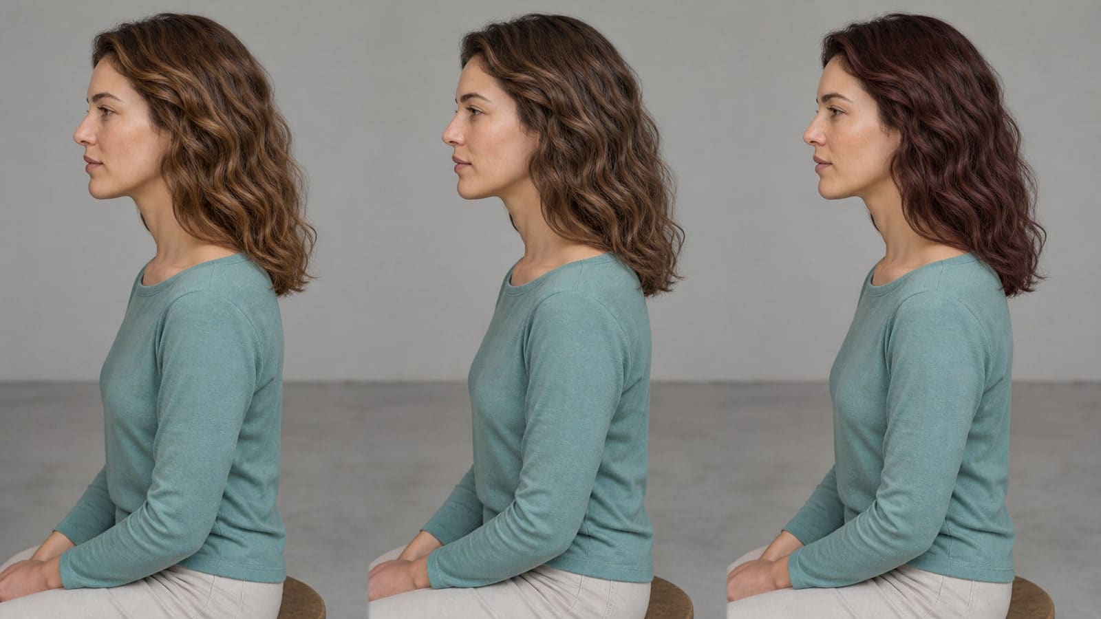 The same fair olive-skinned woman in identical side-profile views with caramel-beige brown, taupe-chocolate brown, and burgundy-mocha brown wavy hair