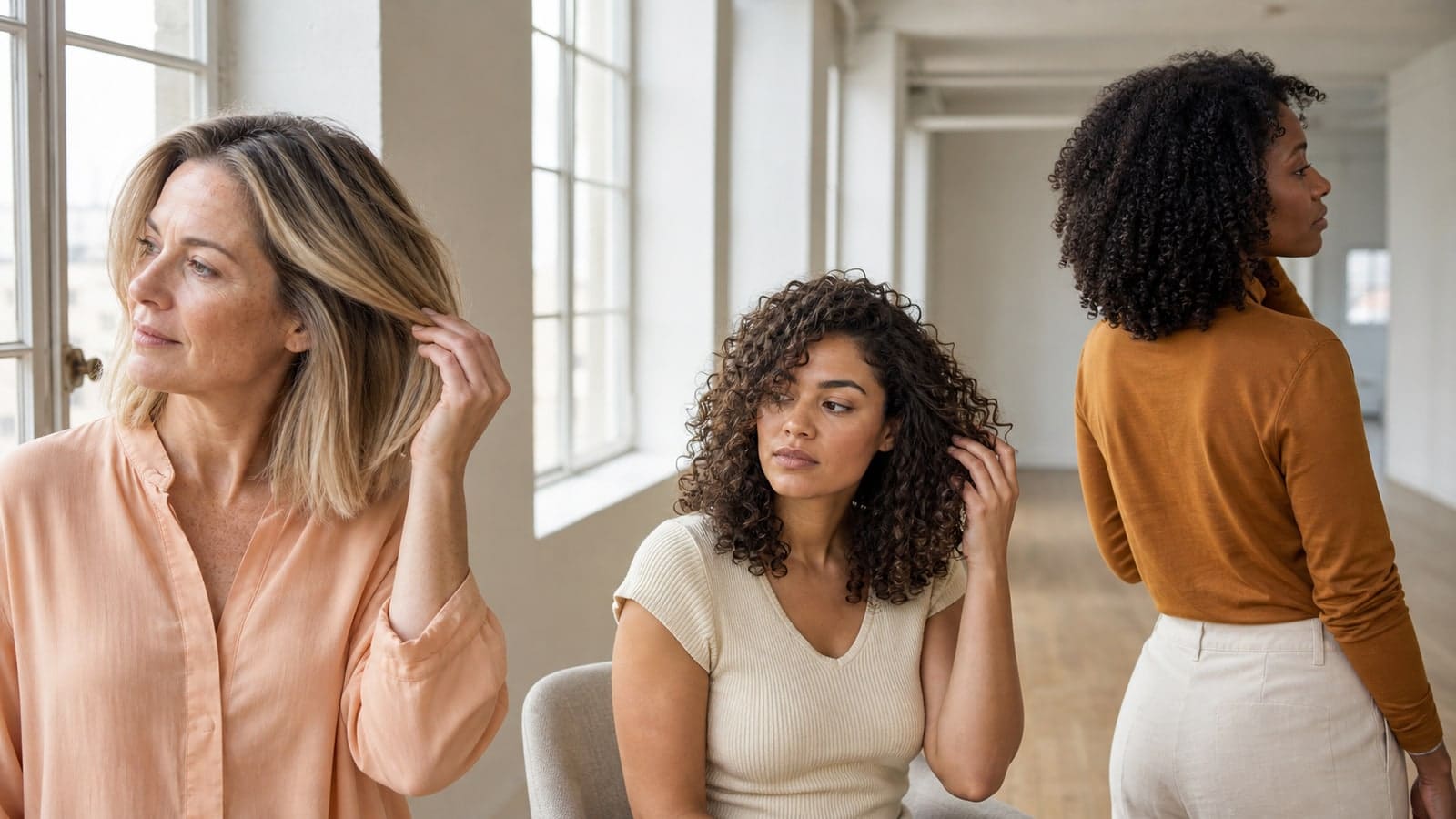 Three adults with fair, medium, and deep olive skin examine rooted muted-beige waves, taupe-chocolate curls, and soft-black coils in the same neutral daylight loft