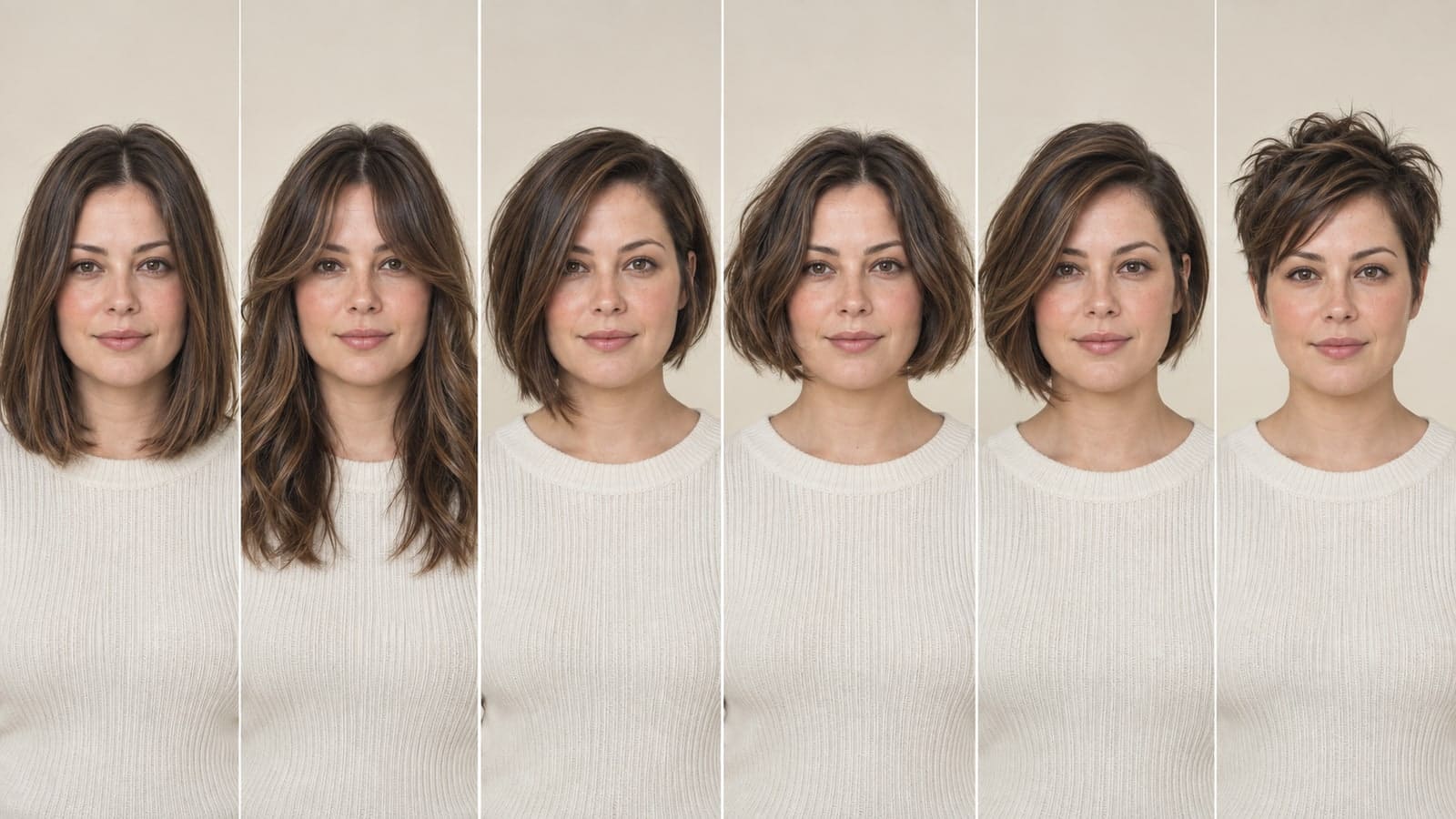 Six panels of one model with a long lob, curtain fringe, asymmetric bob, chin bob, side part, and textured pixie