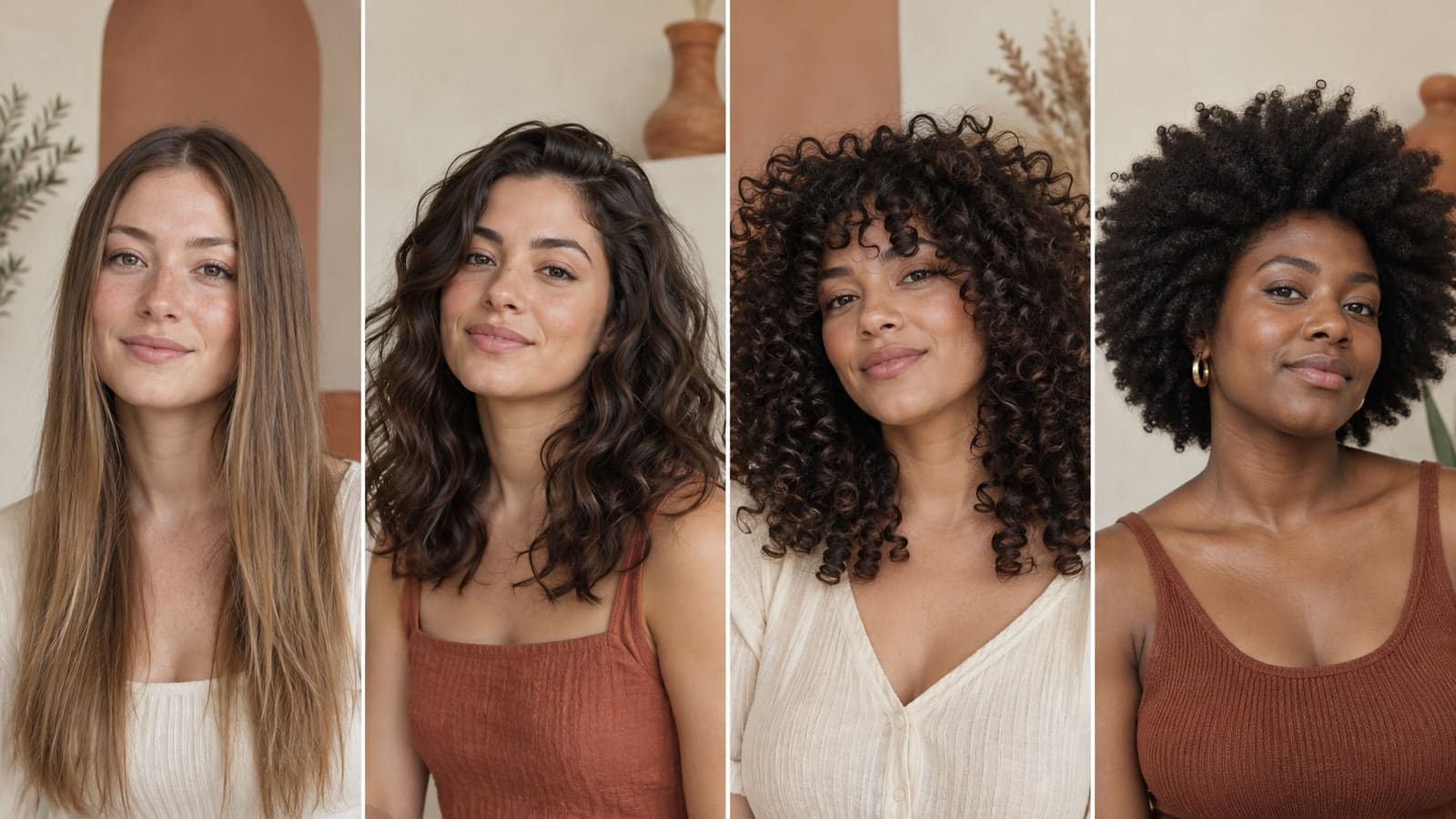 Four adults show straight hair falling down, wavy hair with side movement, springy curls, and an outward coily silhouette