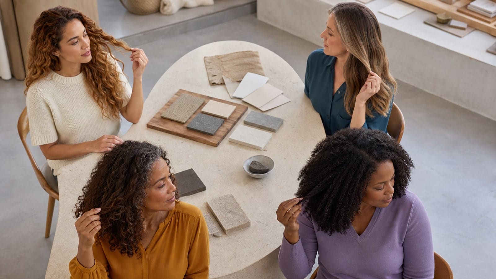 Four adults around an oval table compare warm clear waves, soft cool straight hair, rich warm curls, and clear cool coils in the same neutral daylight