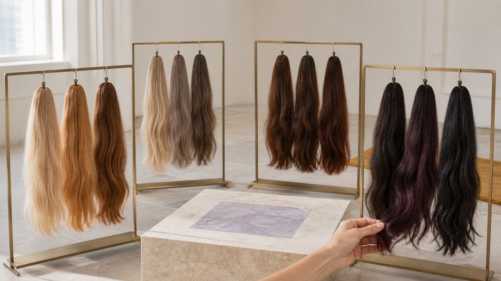 Twelve realistic hair tresses arranged in four groups of three, progressing through light warm, soft cool, rich warm, and clear deep color directions