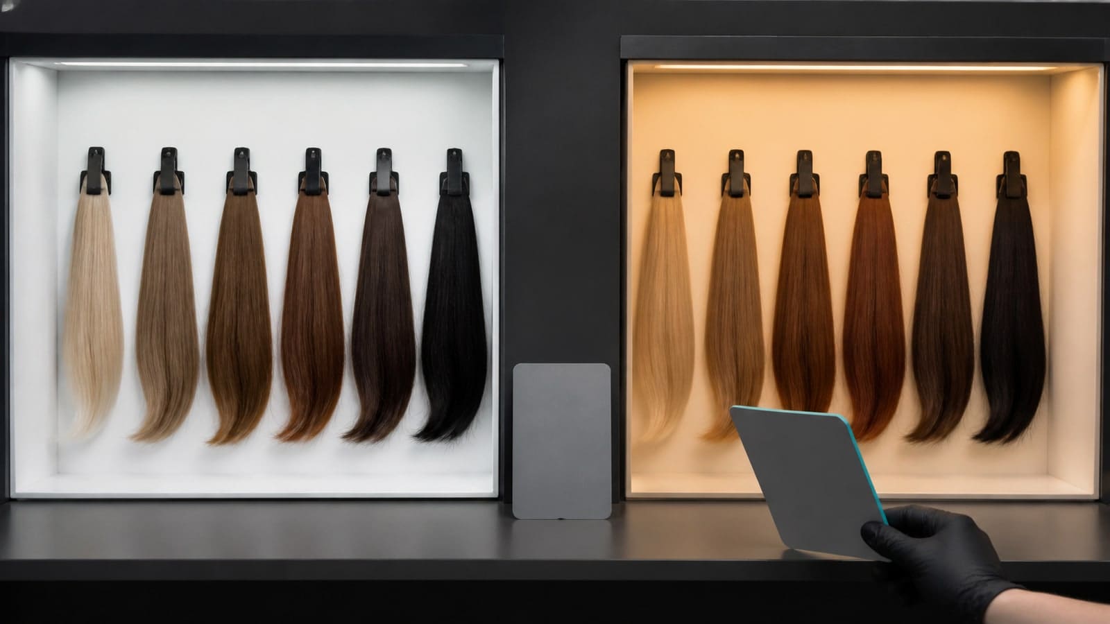 The same six hair tresses displayed in neutral daylight and warm indoor light, where the warm lighting shifts every sample toward gold and copper