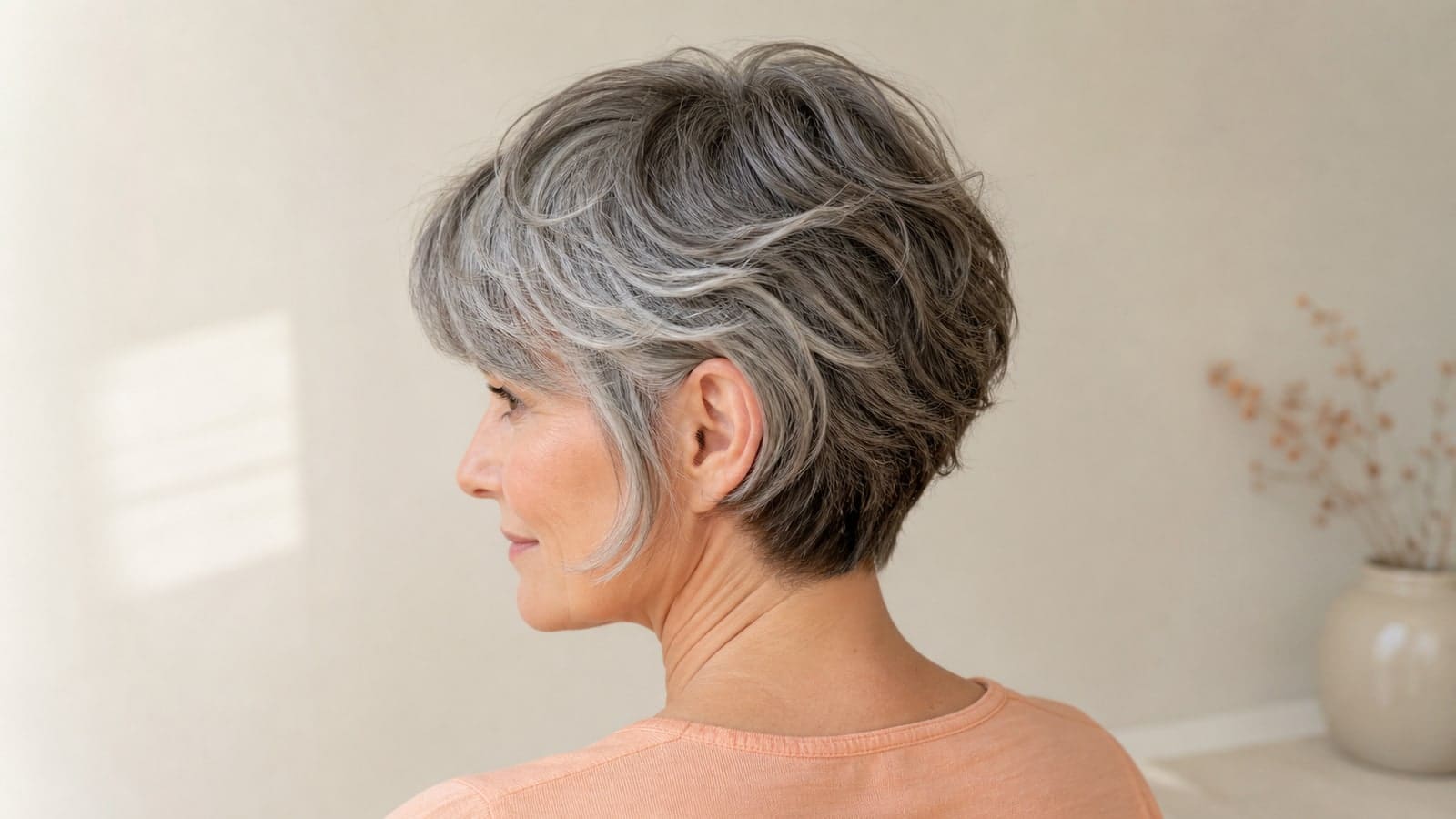 Bixie with an ear-to-upper-neck perimeter, layered crown, long side pieces, sweeping fringe, and softly full nape on wavy hair