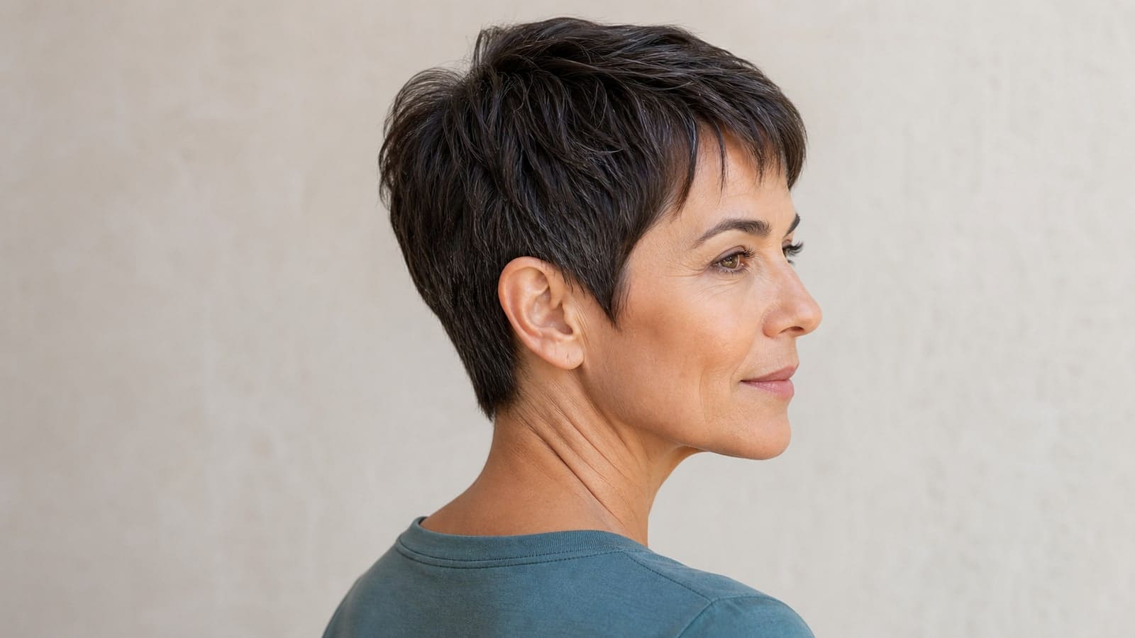 Classic pixie with an ear-exposing tapered perimeter, short crown, soft fringe, and close nape on straight hair