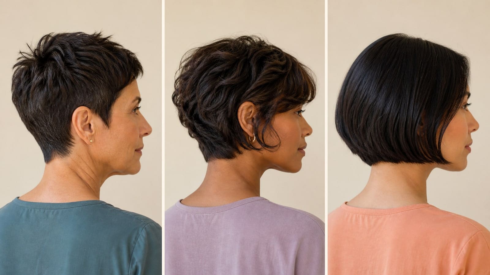 Three adults in matching side views showing an ear-exposing tapered pixie, a longer wavy bixie, and a jaw-length blunt short bob
