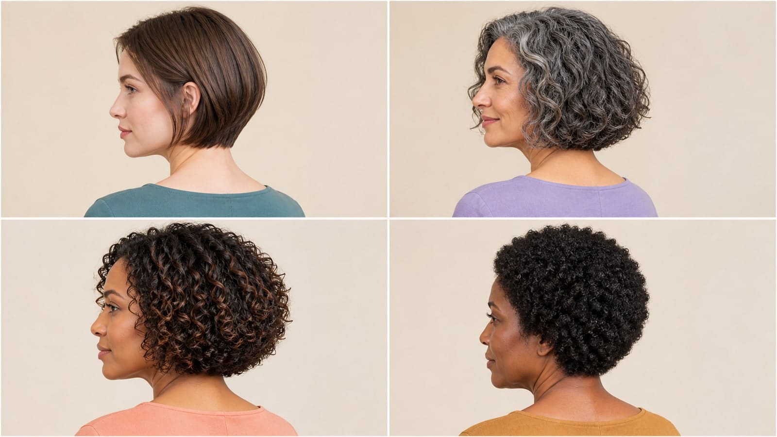 Four adults showing a short-bob direction adapted for straight fine hair, dense waves, medium-density curls, and high-shrinkage coils