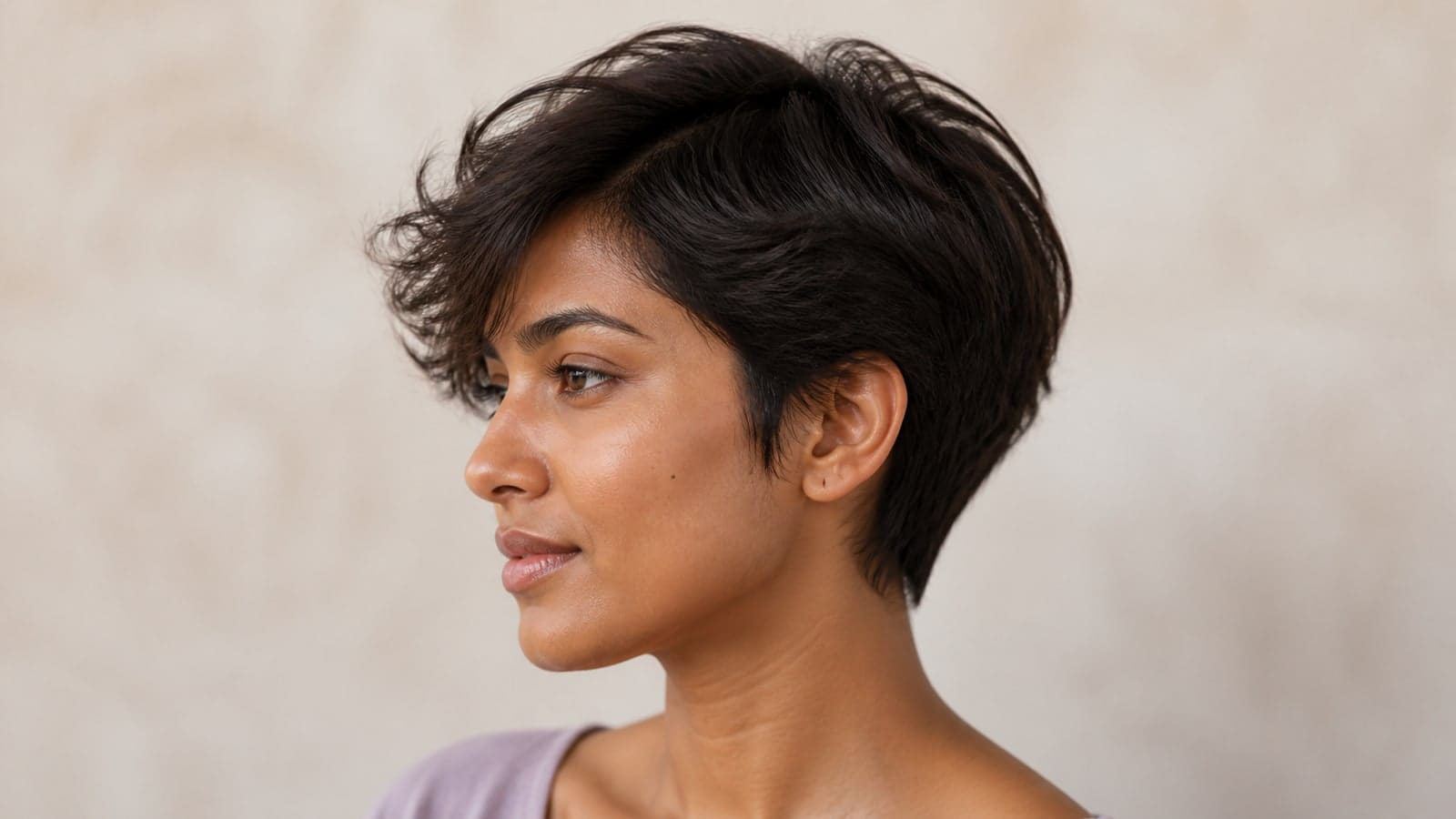 Long pixie with an ear-skimming broken perimeter, longer crown, sweeping fringe, and softly tapered nape on wavy hair