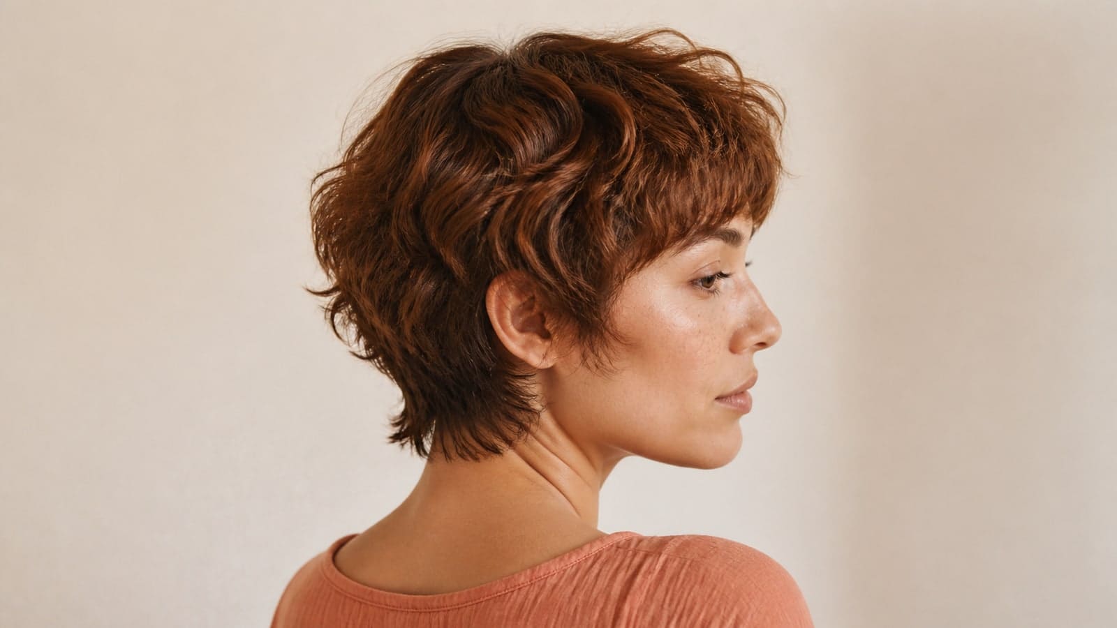Short shag with an upper-neck broken perimeter, short crown layers, connected fringe, airy sides, and wispy neckline on wavy hair