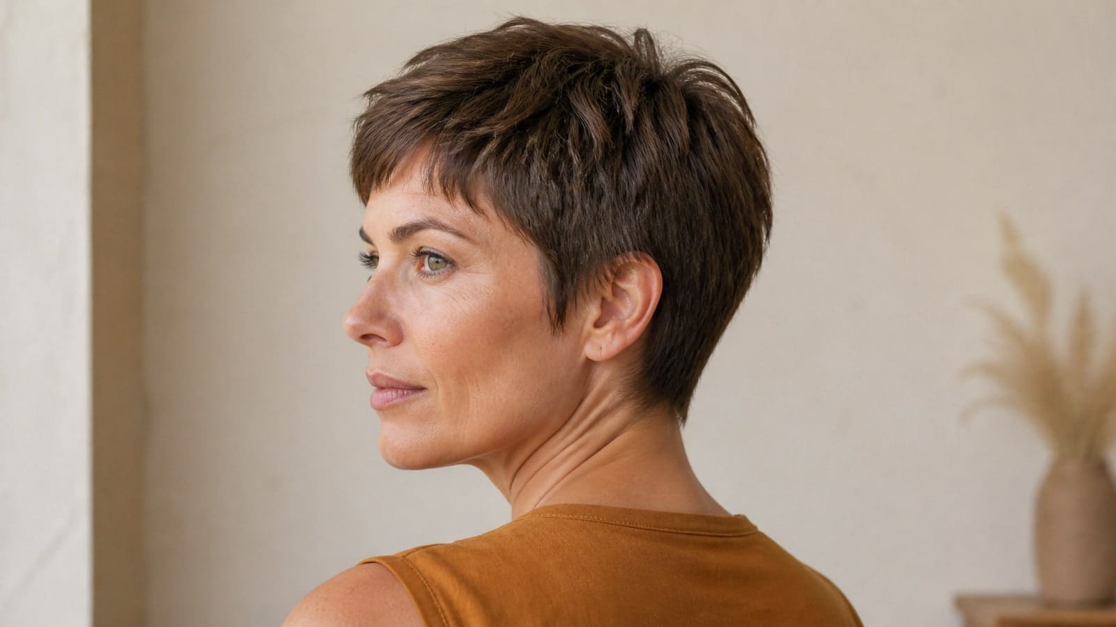 Textured crop with a piecey above-ear perimeter, short layered crown, connected fringe, and close neckline on dense straight hair