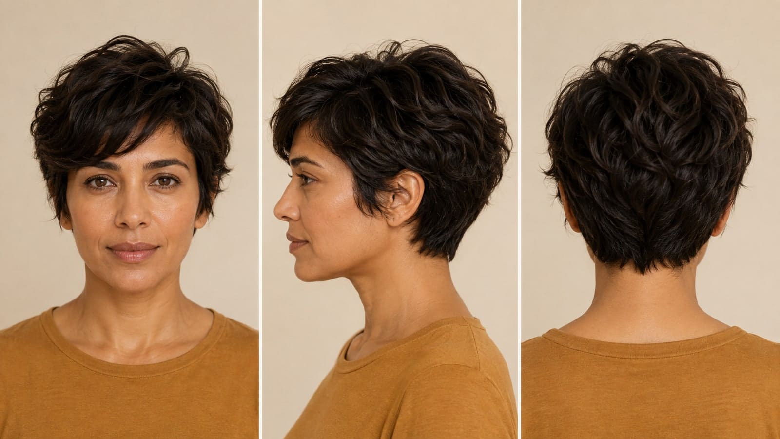 The same adult with a wavy bixie shown from the front, right side, and back for a complete salon reference
