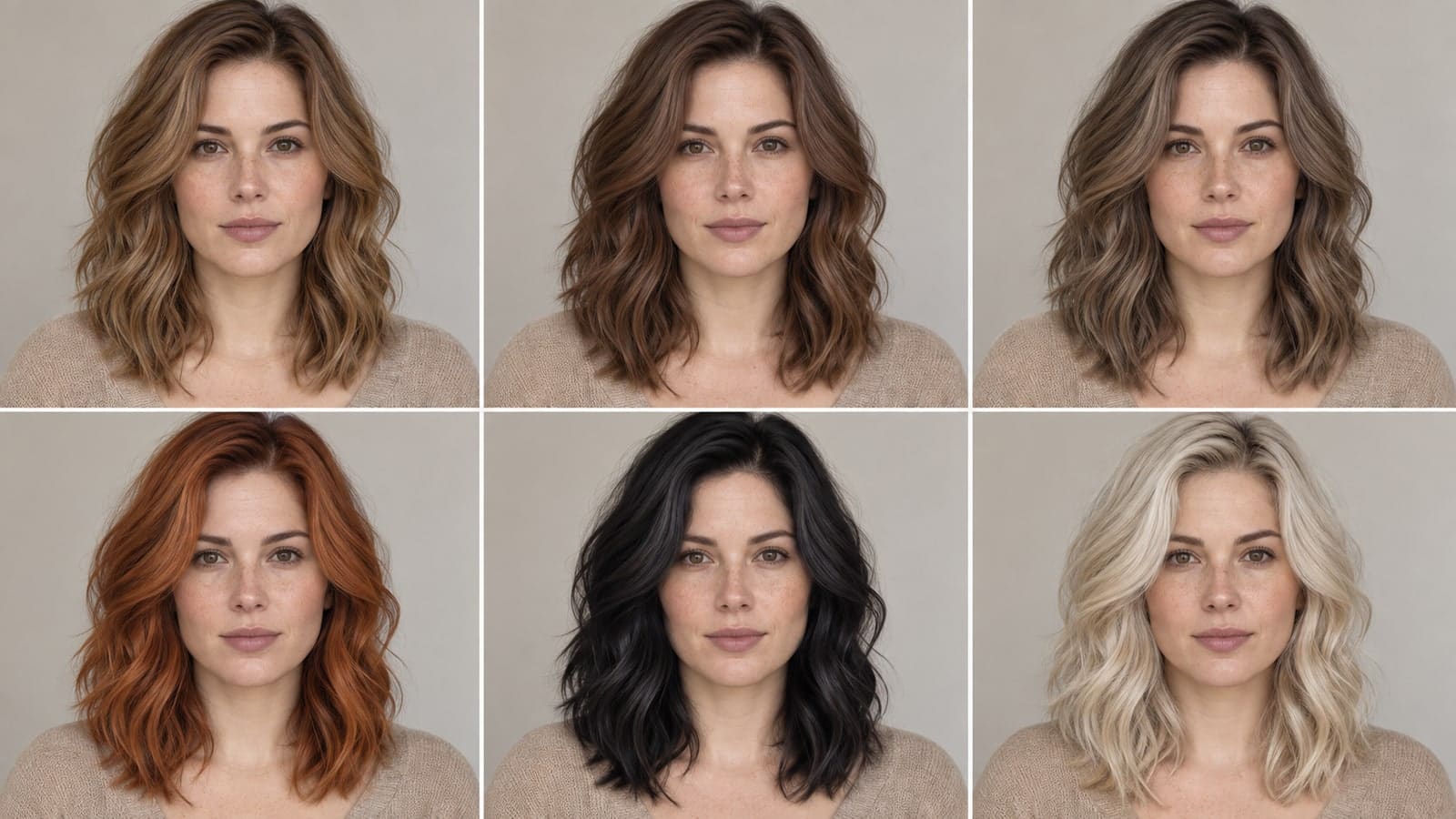 One woman shown in six controlled portraits with toffee, chestnut, mushroom bronze, copper, black, and platinum hair