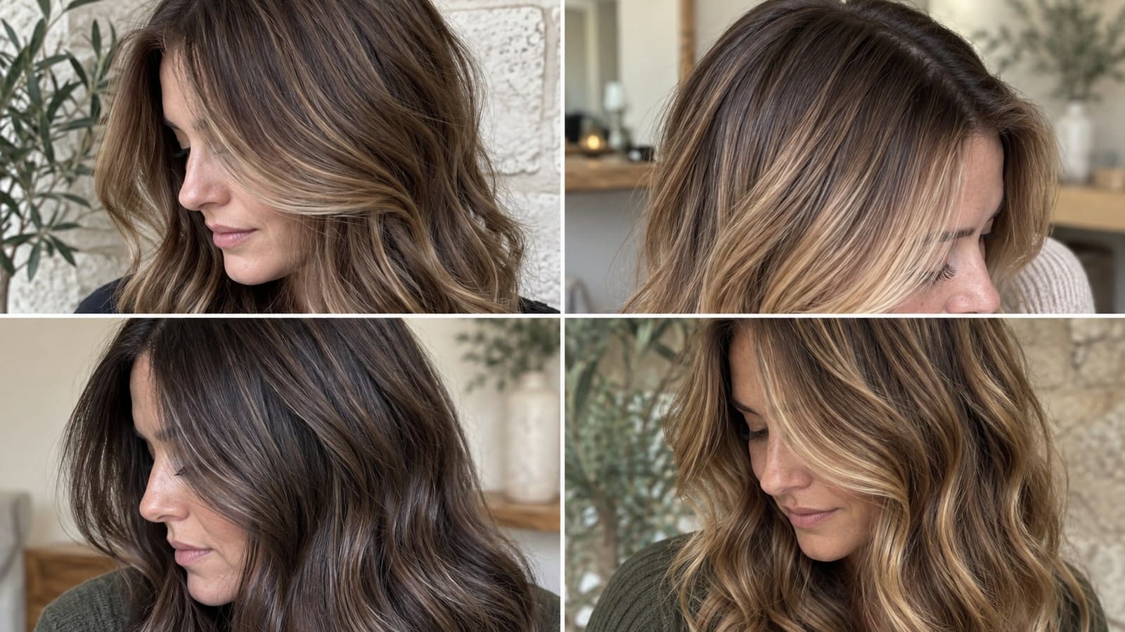 Four hair close-ups showing fine toffee ribbons, a soft root blend, smoky bronze lengths, and blended waves