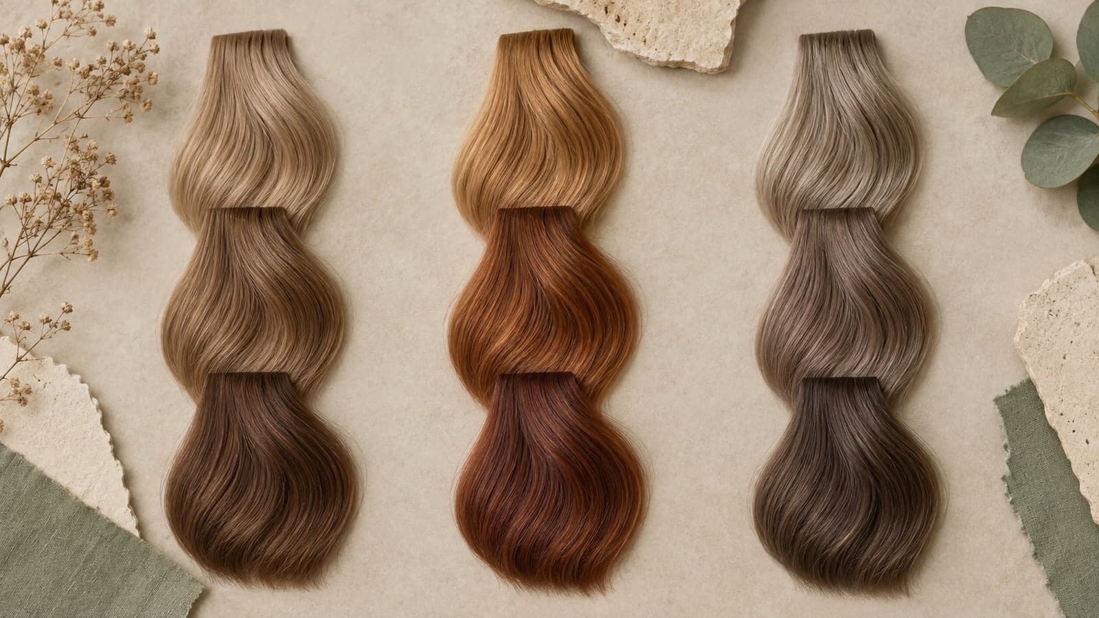 Three columns of hair swatches: muted warm beige-brown, saturated golden copper, and muted cool taupe