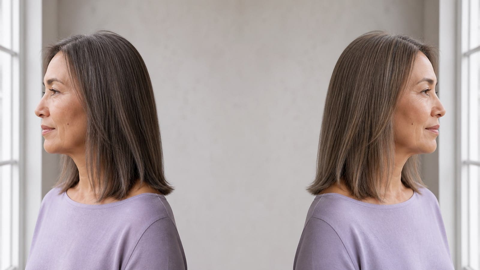 The same woman appears in matched side profiles with equal-depth mushroom brown and taupe brown hair under neutral daylight
