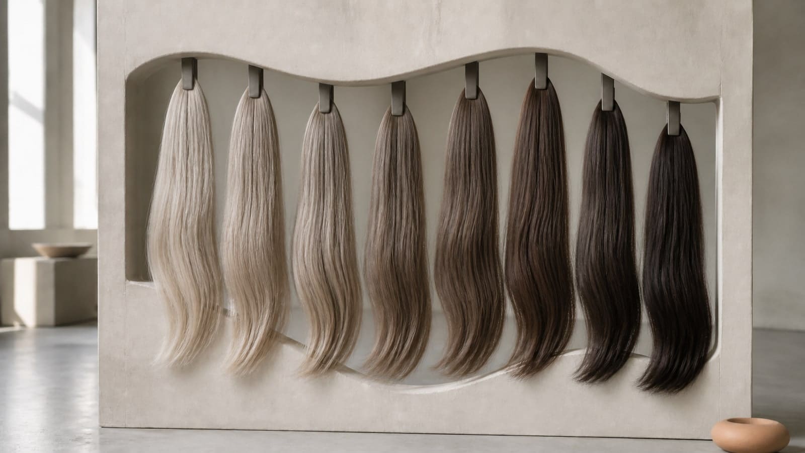 Eight muted hair swatches progress from soft ash and cool beige blonde through mushroom, taupe, cocoa, mocha, and soft espresso under one neutral light