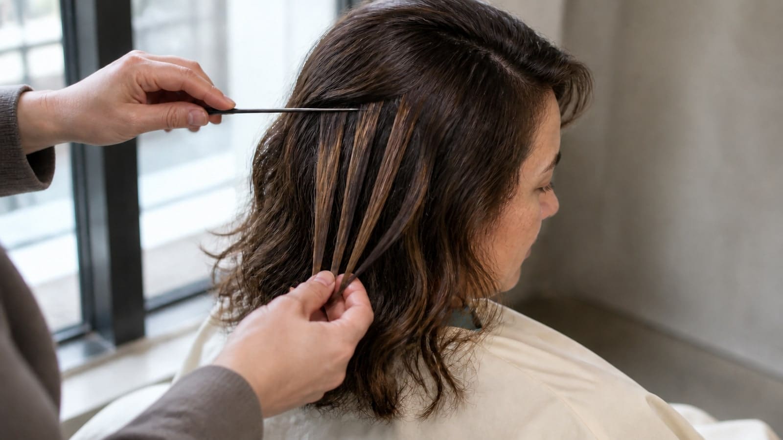 A colorist separates narrow cool-beige highlights, taupe midtone ribbons, and soft cocoa lowlights through muted medium-brown wavy hair