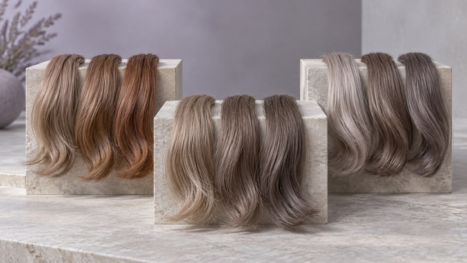 Nine hair swatches form three matched groups: warm muted beige and copper browns, smoky ash bronde mushroom and taupe, and clearer pearl-ash cool browns