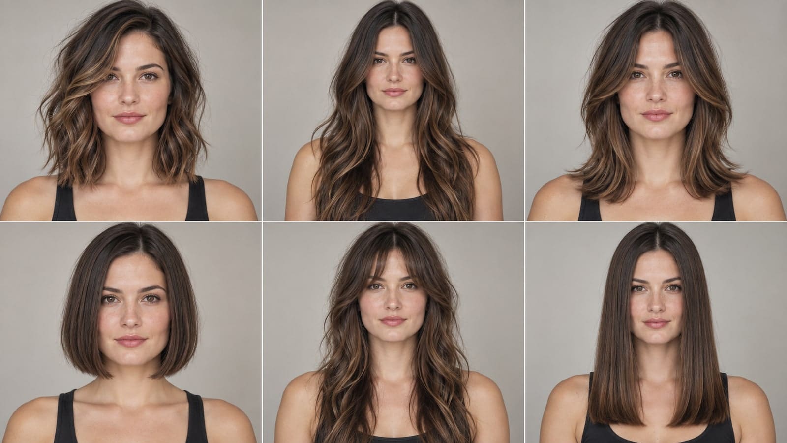 Six views of one adult showing wavy layers, long center-parted layers, cheek-level framing, a short rounded bob, curtain fringe, and a blunt shoulder-length cut