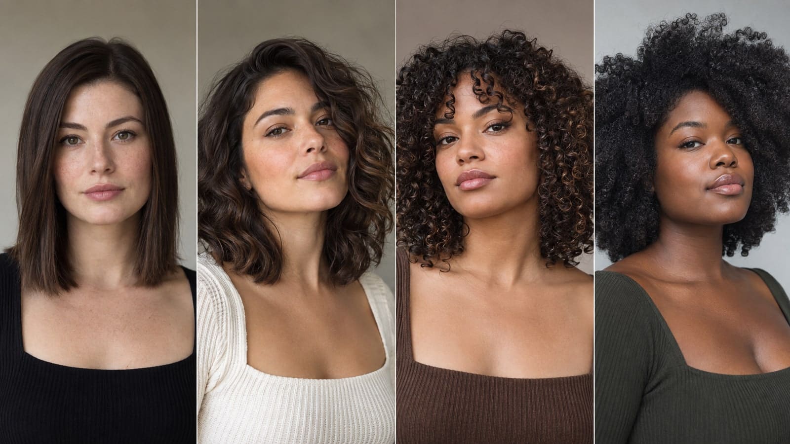Four adults with straight shoulder-length hair, side-heavy waves, springy curls, and a wide coily silhouette