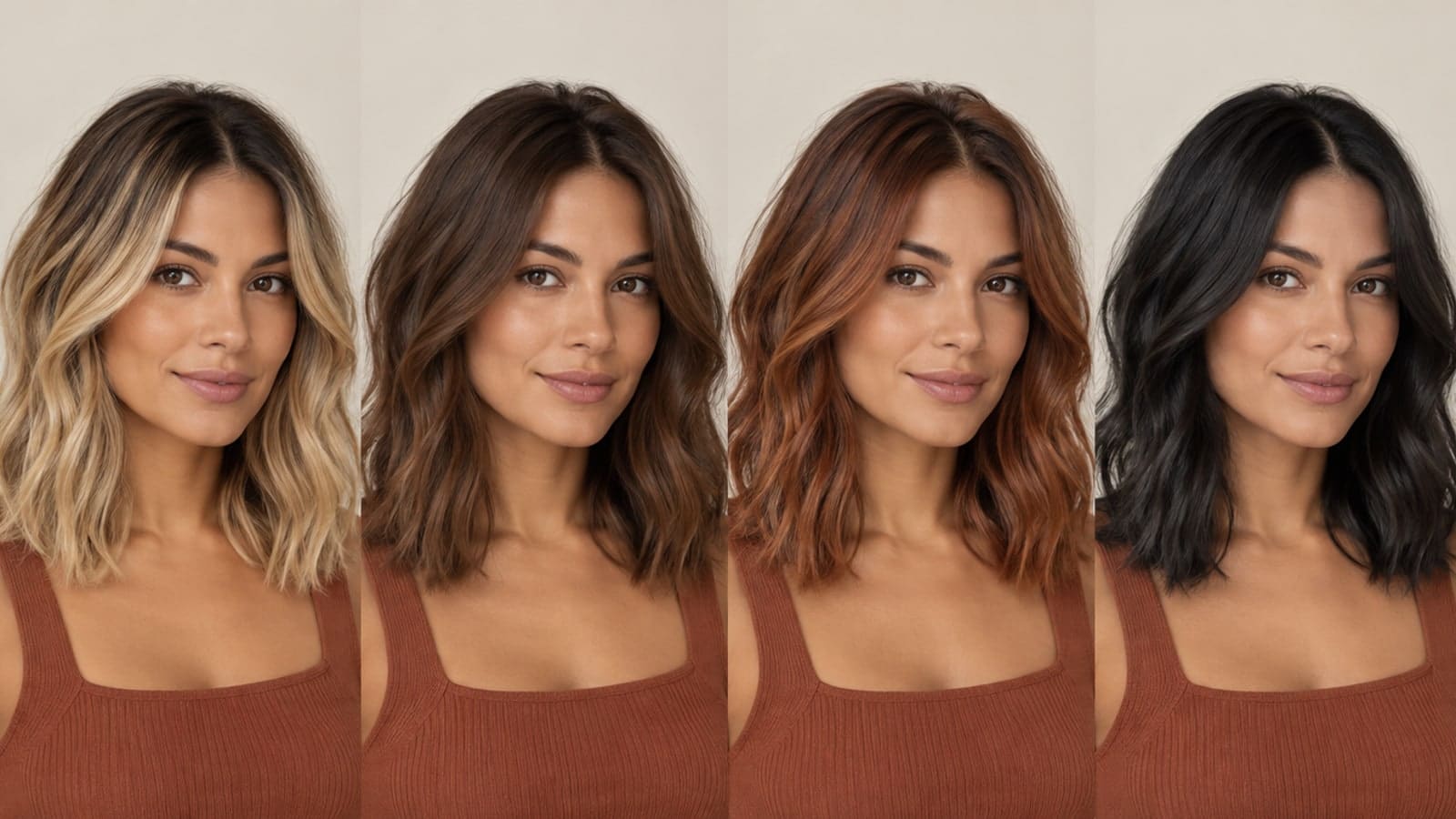 One tan-skinned model shown in six controlled panels with caramel balayage, rooted honey blonde, cacao brown, copper bronze, soft black, and icy platinum hair