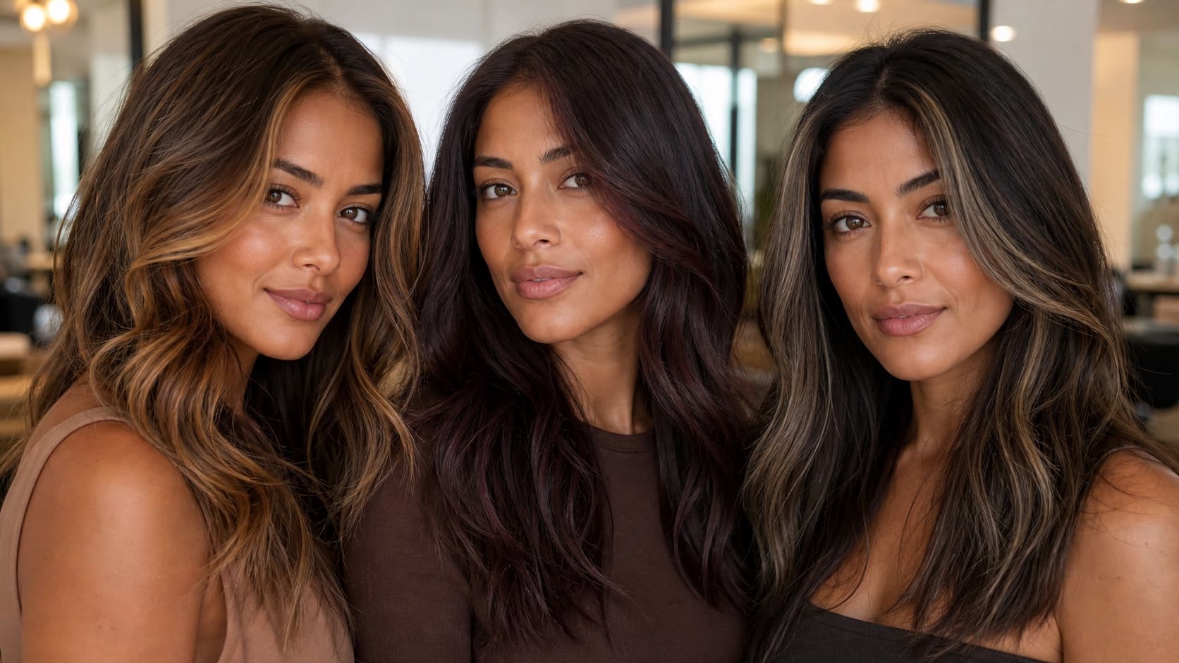 Three adults with tan skin wear caramel balayage, rooted honey bronde, and deep cacao-brown hair