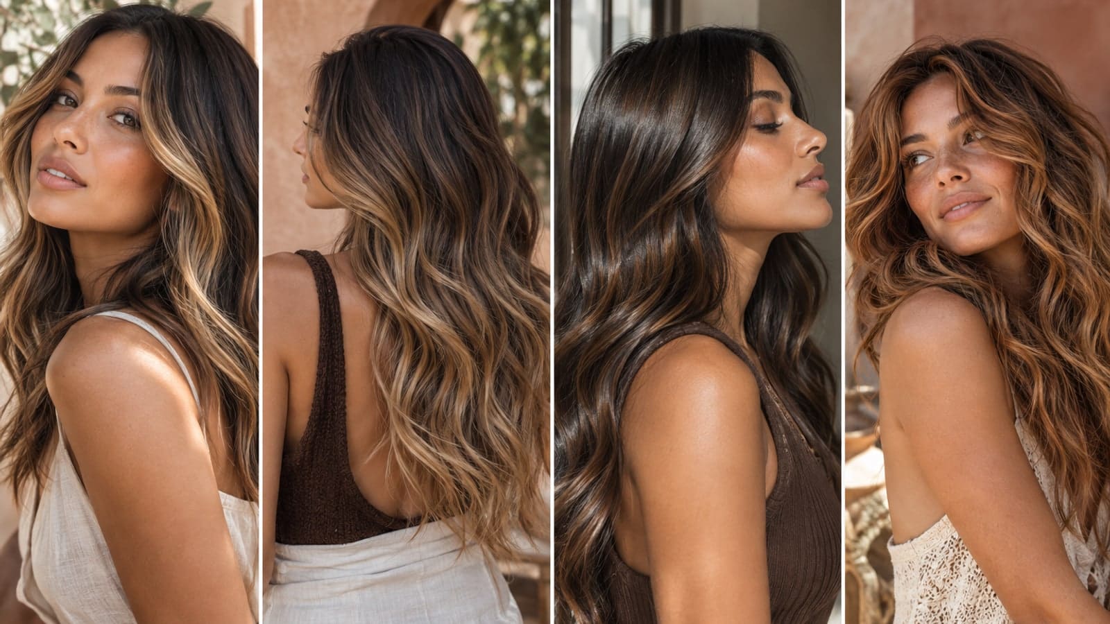 Four hair-color examples: honey face-framing pieces, dark-rooted caramel balayage, glossy mocha brunette, and copper-bronze waves