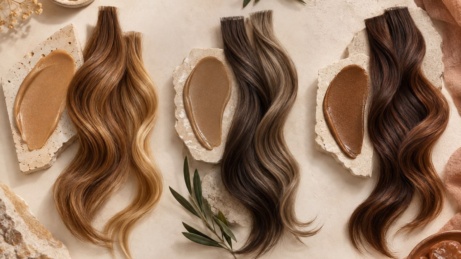 Three tan-colored material swatches paired with golden caramel, muted mocha-beige, and balanced cacao hair tresses