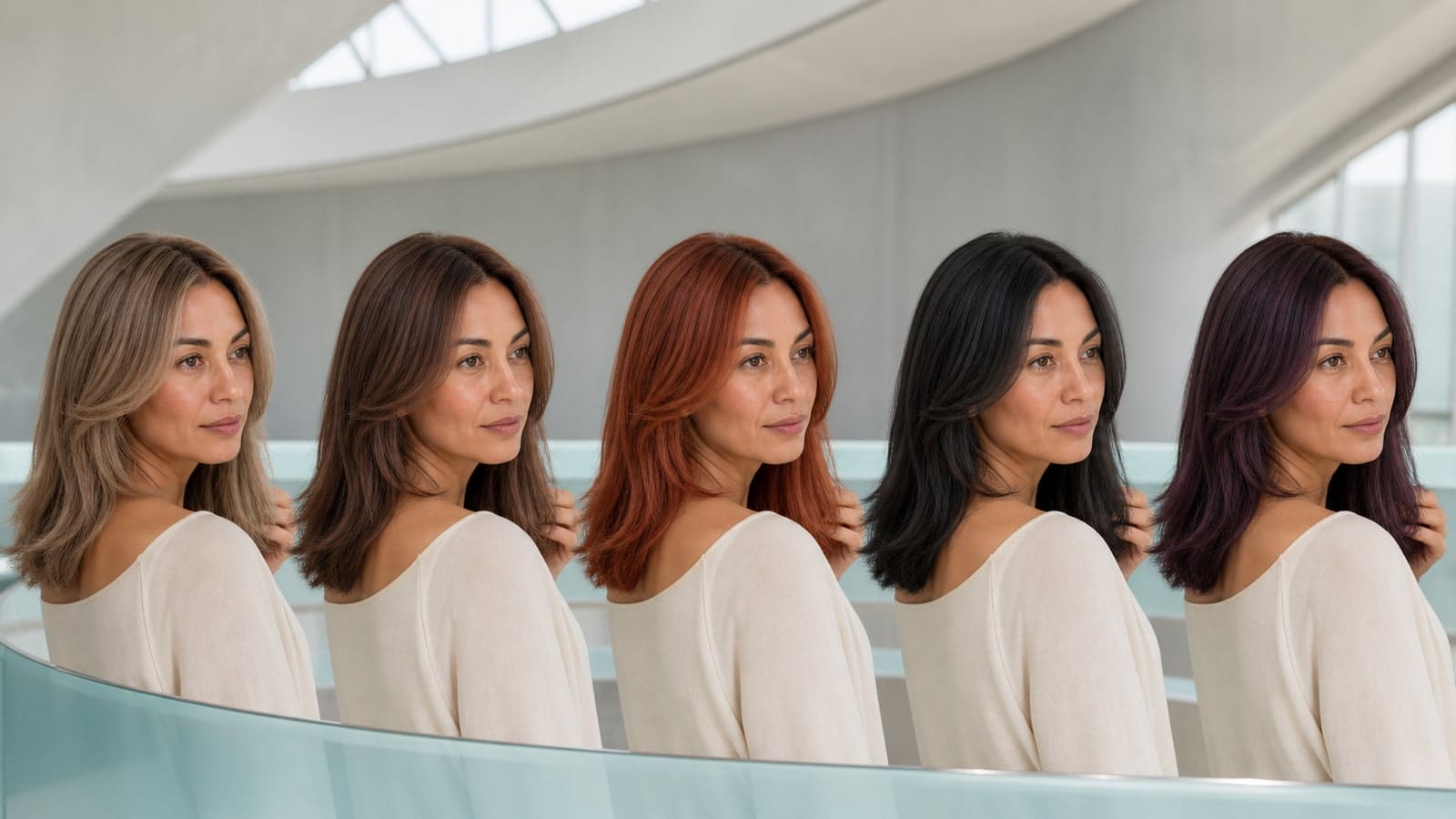 The same model shown with beige blonde, chestnut brunette, copper red, soft black, and deep violet hair-color directions