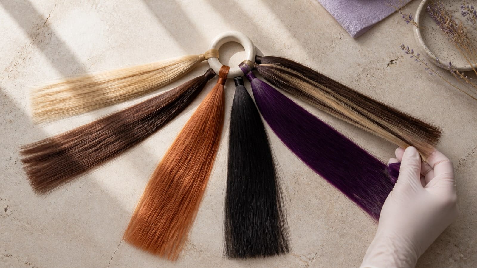 Six hair swatches in beige blonde, brunette, copper, black, violet, and highlighted brunette directions