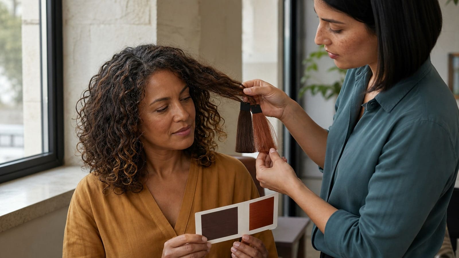 A client and colorist compare brunette and copper swatches with the client’s medium-brown curly starting hair
