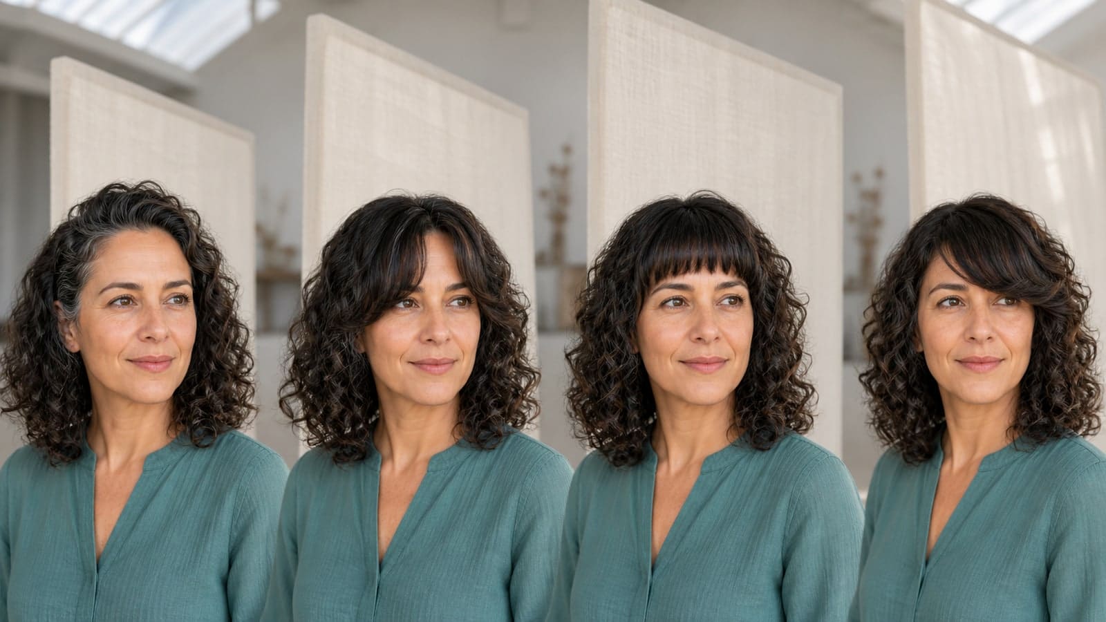 Same-model controlled comparison of an open forehead, center-opening curtain fringe, dense blunt fringe, and side-swept fringe on one curly shoulder-length cut