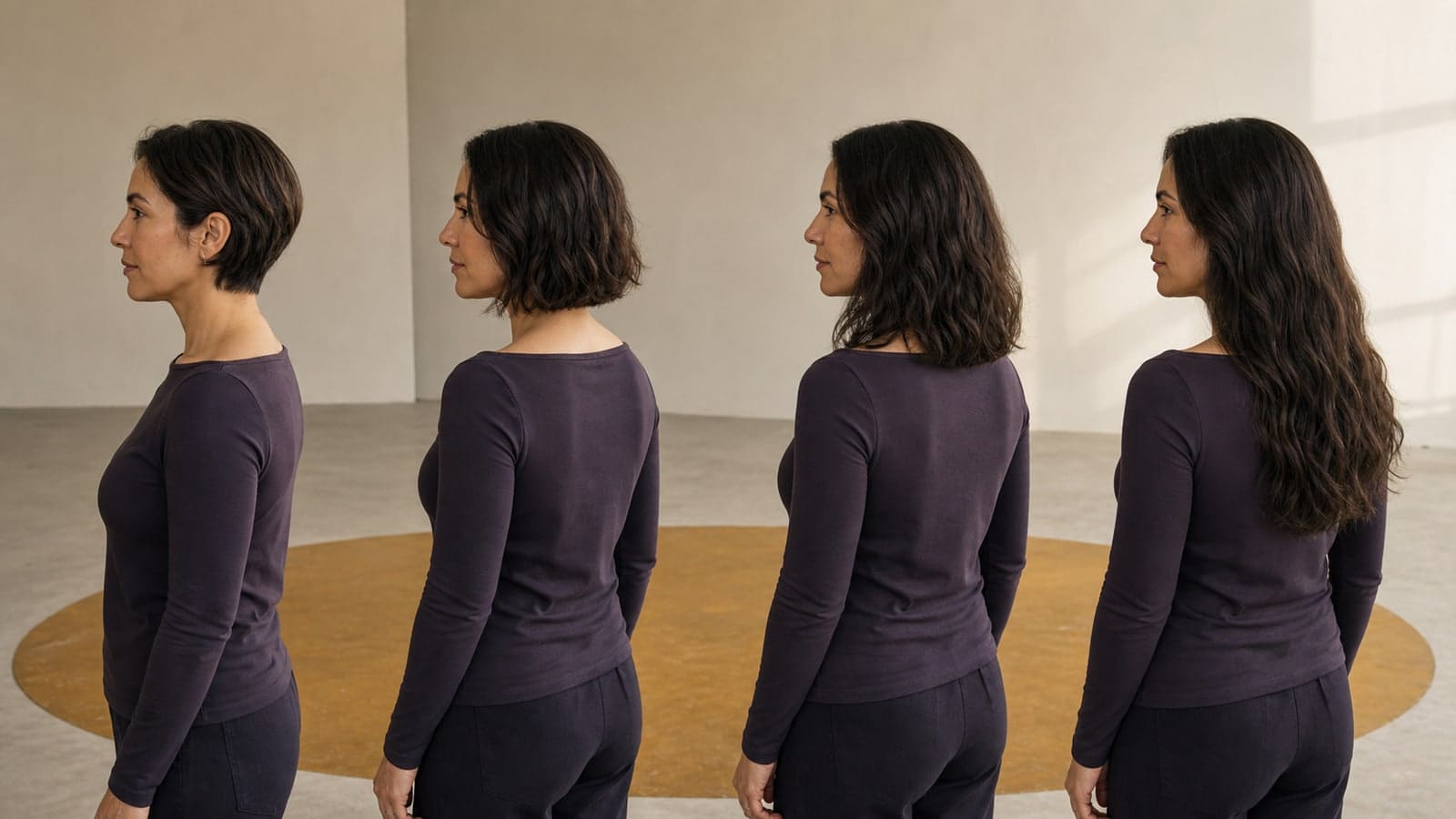 Same-model controlled comparison of a short crop, above-shoulder medium cut, shoulder-length cut, and long mid-chest haircut