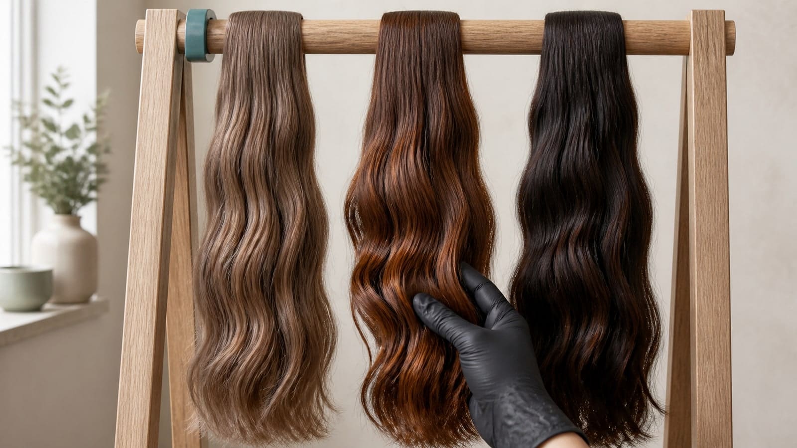 Three equal-length wavy hair tresses on one rack in identical light: muted beige chestnut, rich brown-copper chestnut, and deep warm espresso