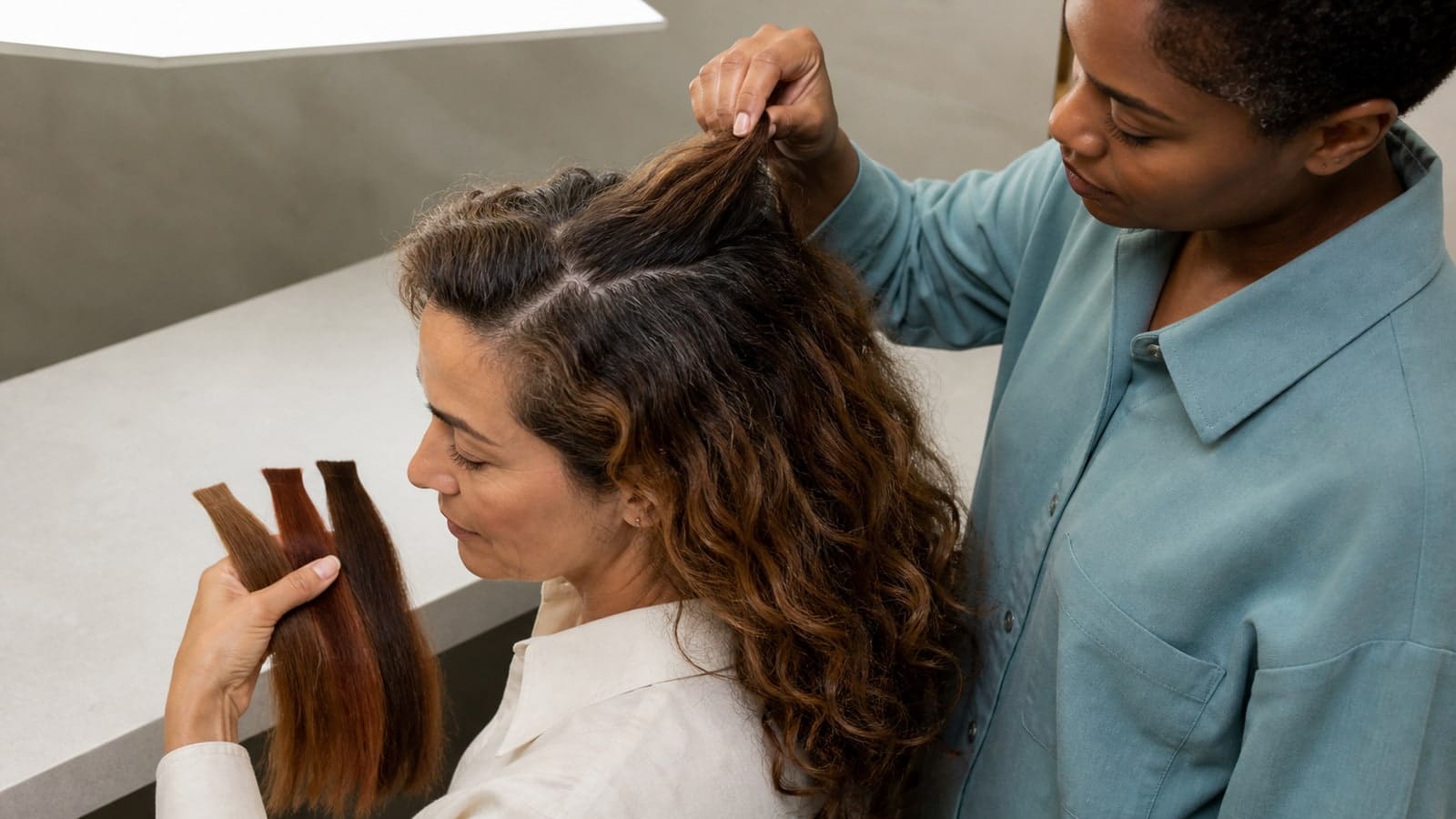 Colorist lifting a client’s natural medium-brown root while the client compares chestnut-gold, auburn-copper, and deep-honey brunette tresses beside her warm lengths