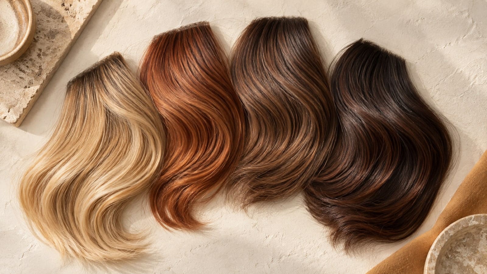 Four curved hair swatches progress from light golden honey blonde through copper bronze and chestnut to deep amber chocolate on cream plaster