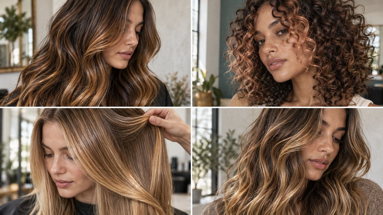 Four hair details showing amber balayage, peach face-framing pieces, honey gloss, and golden ribbons through waves