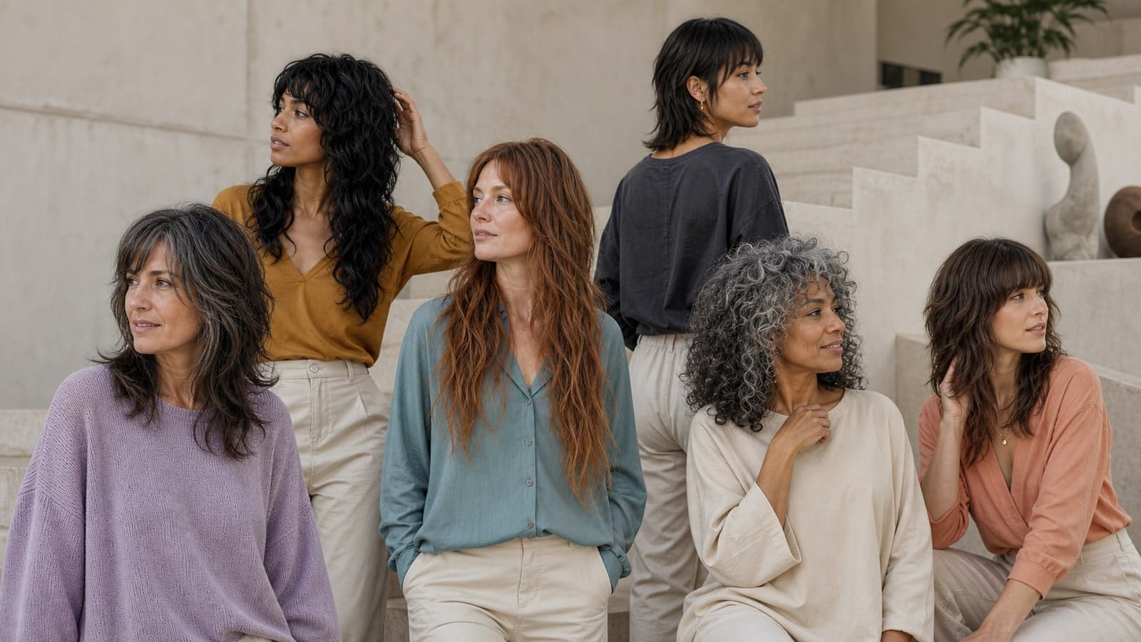 Six adults showing soft, classic, long, short, curly, and fringe-heavy wolf cuts with different crown heights, dry lengths, textures, and perimeter weights