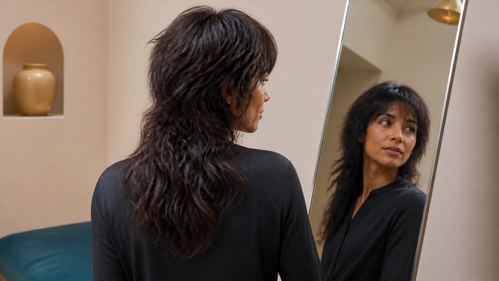 Back-three-quarter view and mirror reflection of a long wavy wolf cut with a full choppy crown, curtain fringe, and narrow tapered lower layers