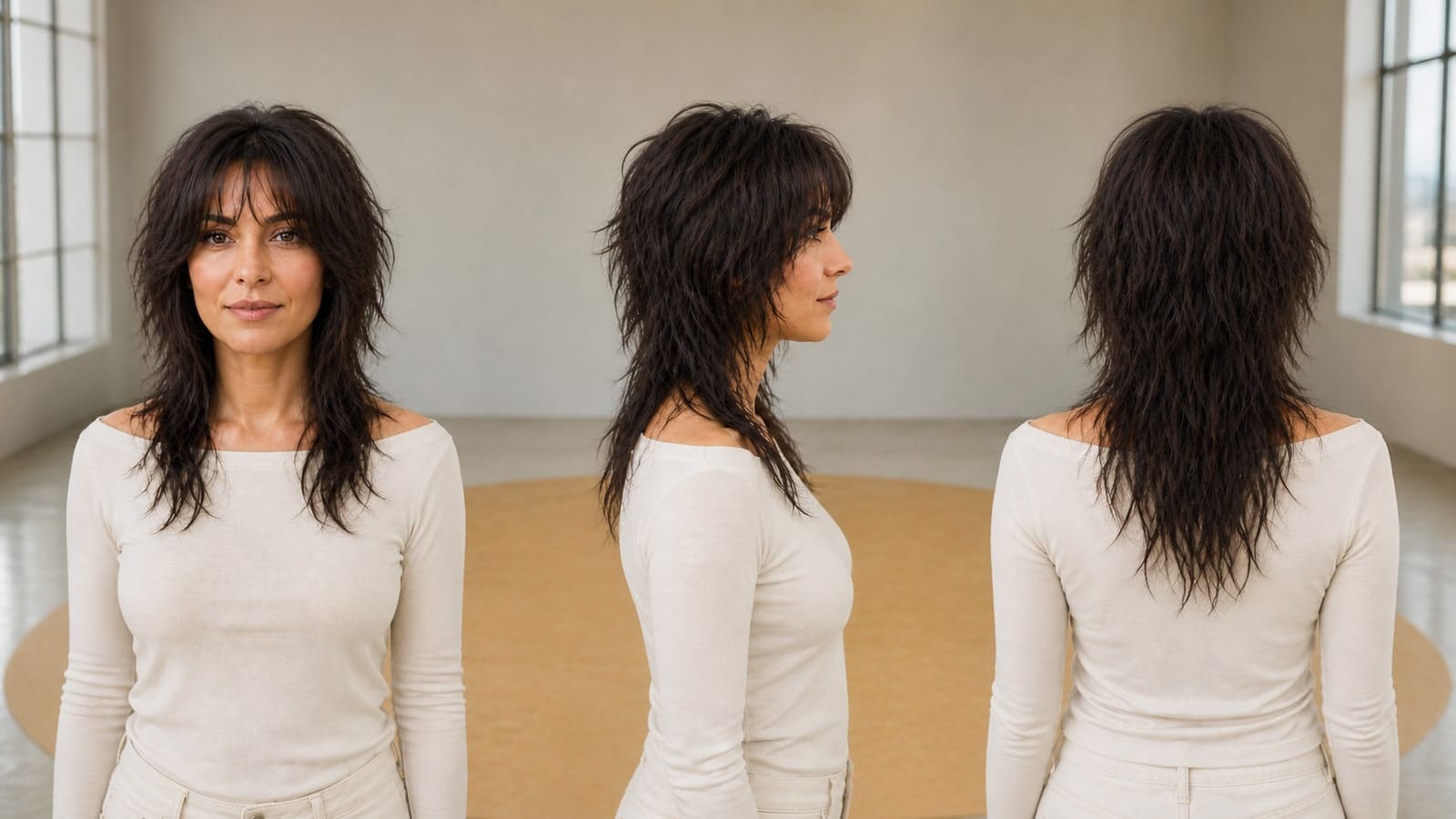 Front, profile, and back views of the same woman with a dark brown long wolf cut, eyebrow curtain fringe, short crown layers, narrow lower lengths, and a tapered perimeter